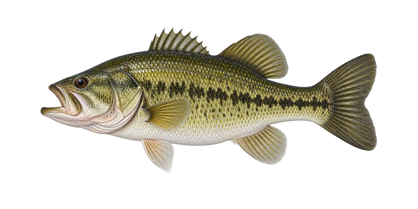 Natural-history illustration of a Largemouth Bass in side profile for the Leech Lake species guide