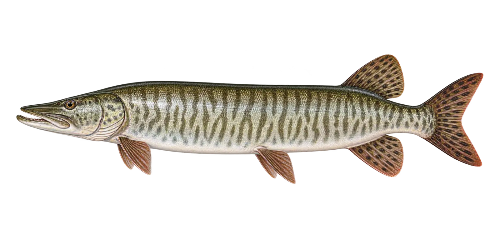 Natural-history illustration of a Muskellunge in side profile for the Leech Lake Fishing Guide