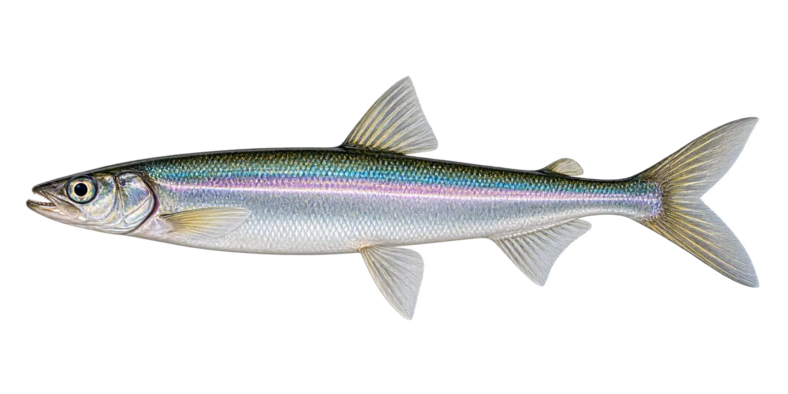 Natural-history illustration of a Rainbow Smelt in side profile for the Lake of the Woods species guide