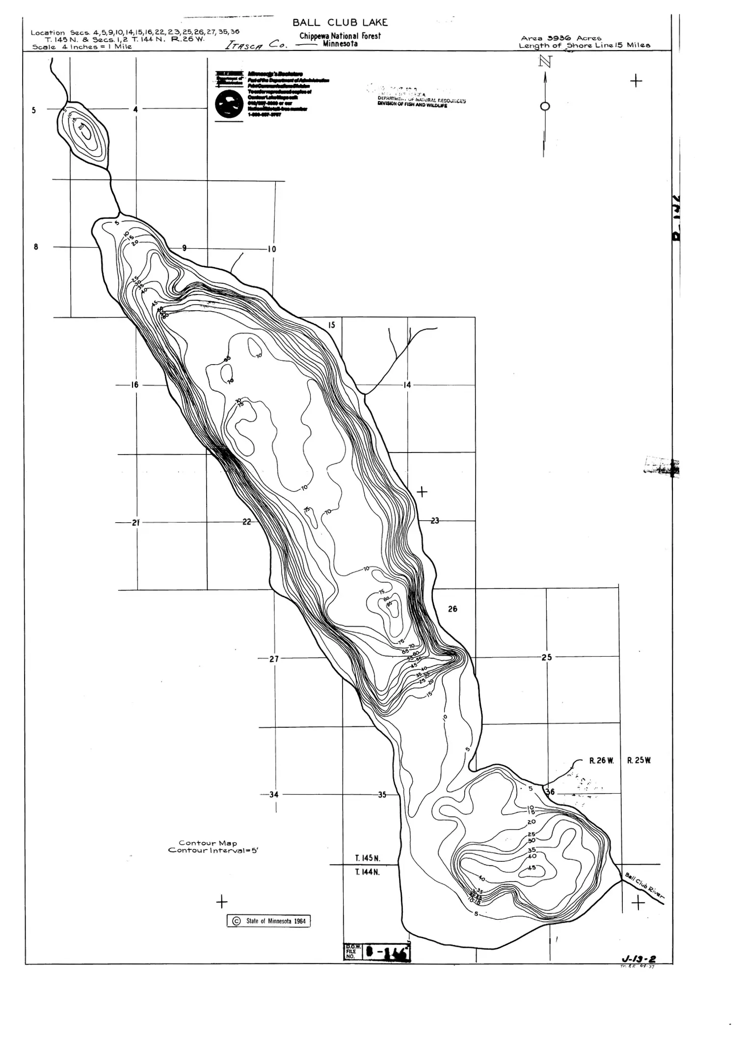 Ball Club Lake contour map for northern Minnesota fishing